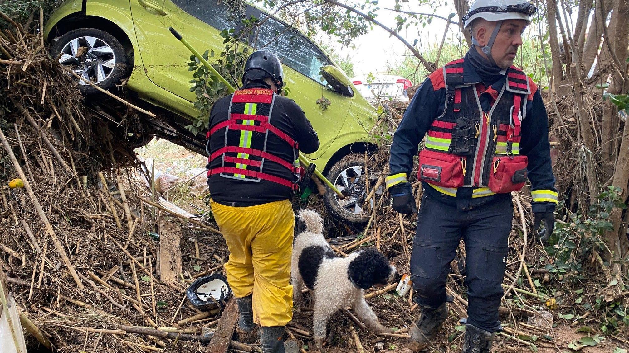 Dos rescatistas, un perro y un coche que se llevó la riada.