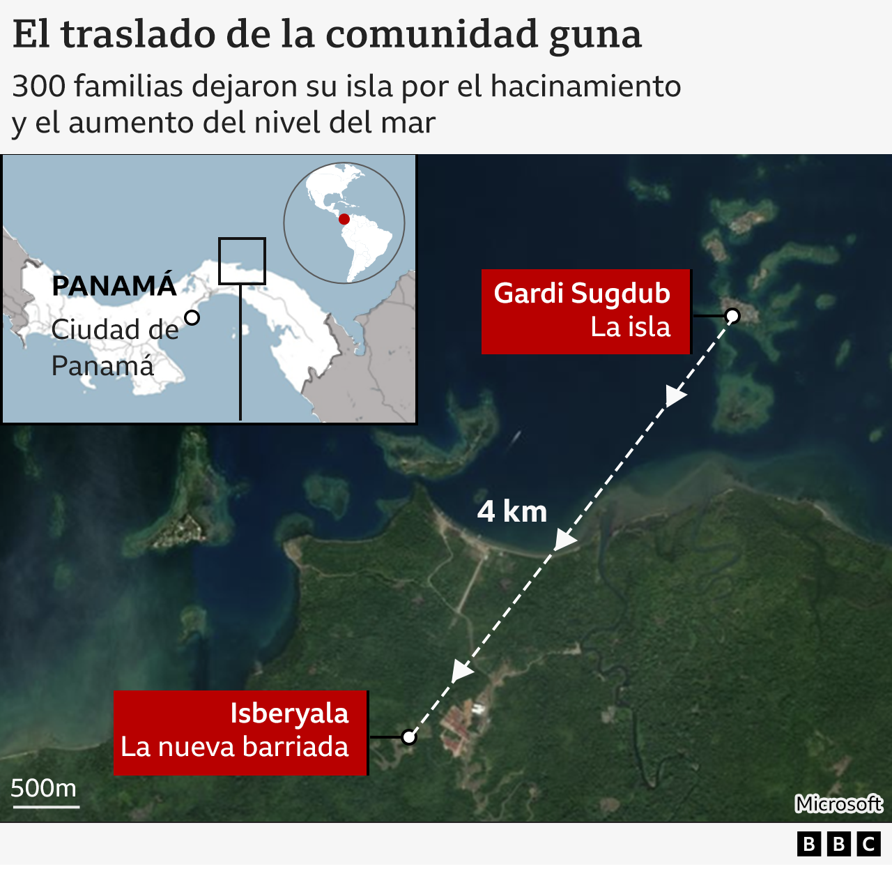 Mapa que muestra el traslado de la comunidad guna desde Gardi Sugdub hasta Isberyala