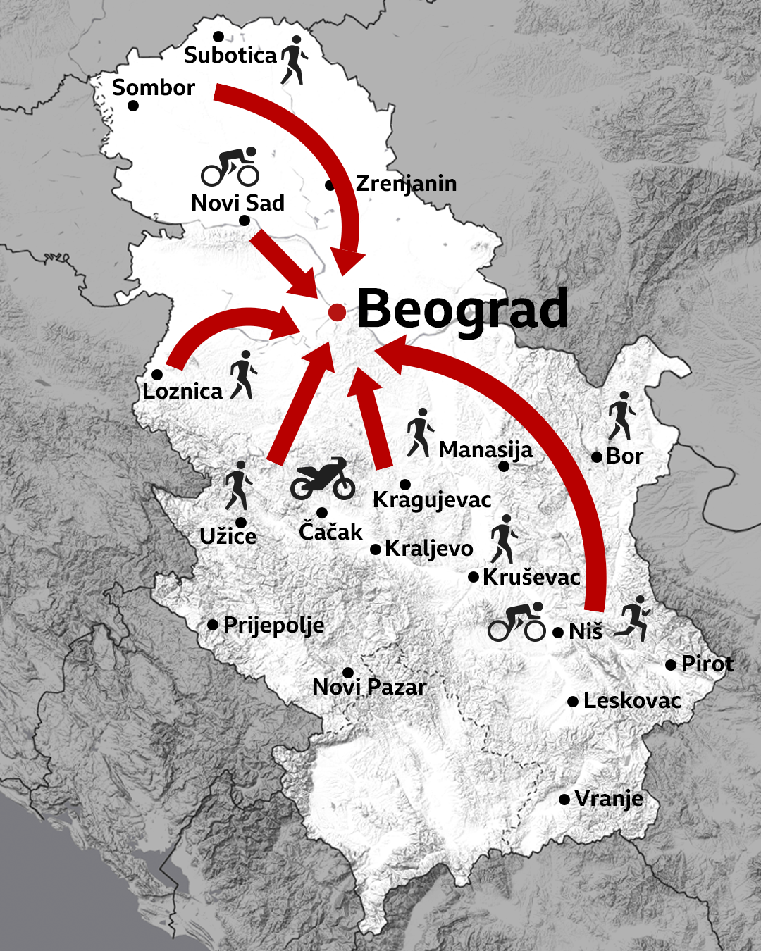 Mapa pešačenja i vožnje bicikala do Beograda (ilustracija)