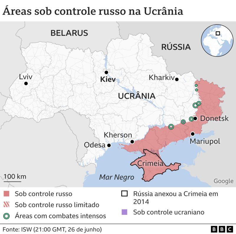 Mapa de áreas sob controle russo na Ucrânia