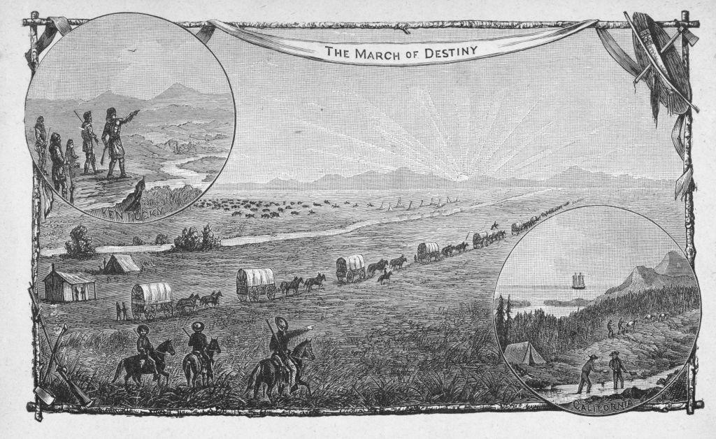 Una caravana de emigrantes cruzando las llanuras en un viaje de Kentucky a California durante la expansión hacia el oeste de Estados Unidos, alrededor de 1850.