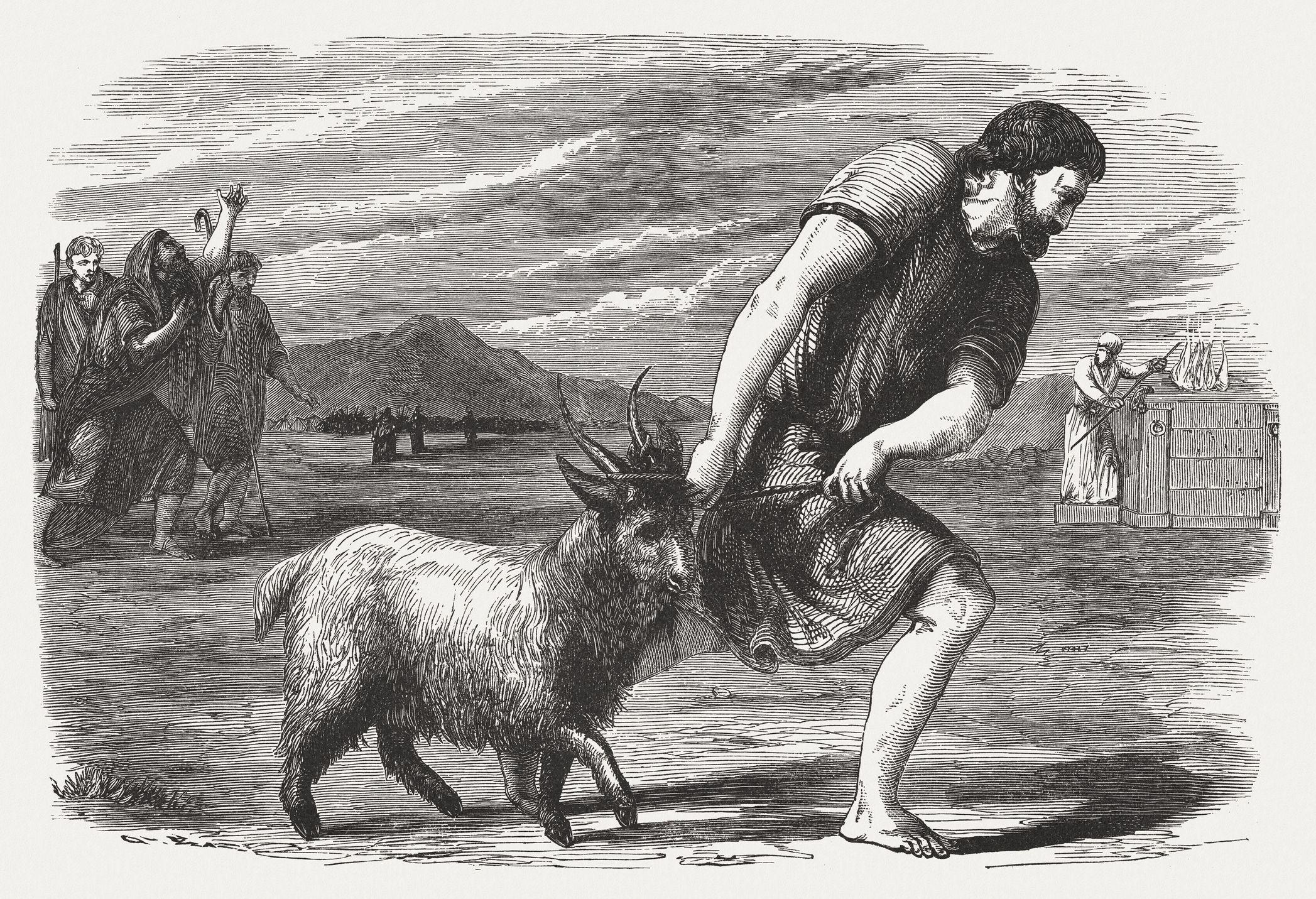 A sketch of a man leading a goat away for slaughter