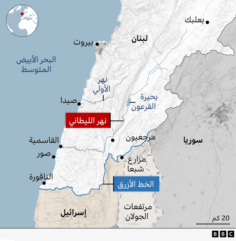 خريطة تظهر نهر الليطاني في لبنان