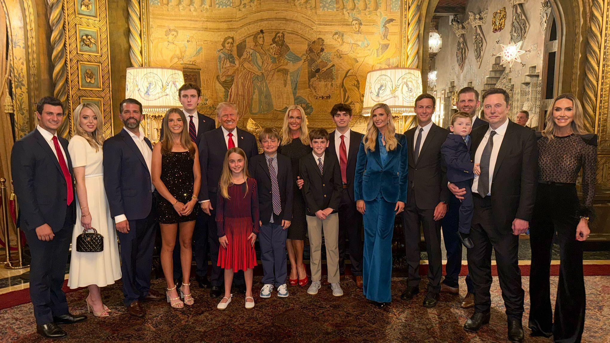 Donald Trump and his extended family following his victory in the 2024 US Presidential Election. L-R: Tiffany Trump and her husband Michael Boulos; Donald Trump Jr and his daughter Kai Trump; Barron Trump; Donald Trump; Chloe Trump, Tristan Trump, Spencer Trump and Donald Trump III with their mother Vanessa Trump; Ivanka Trump; Jared Kushner; Eric Trump; Techno Mechanicus Musk and his father Elon Musk; Lara Trump.