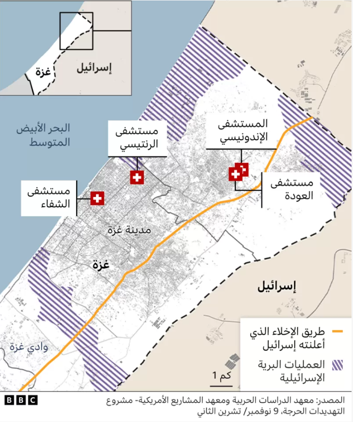 خريطة تبين مواقع المستشفيات في قطاع غزة