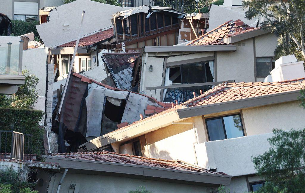 A home in the Rolling Hills development of Rancho Palos Verdes, Los Angeles, California, damaged by a landslide in July 2023.