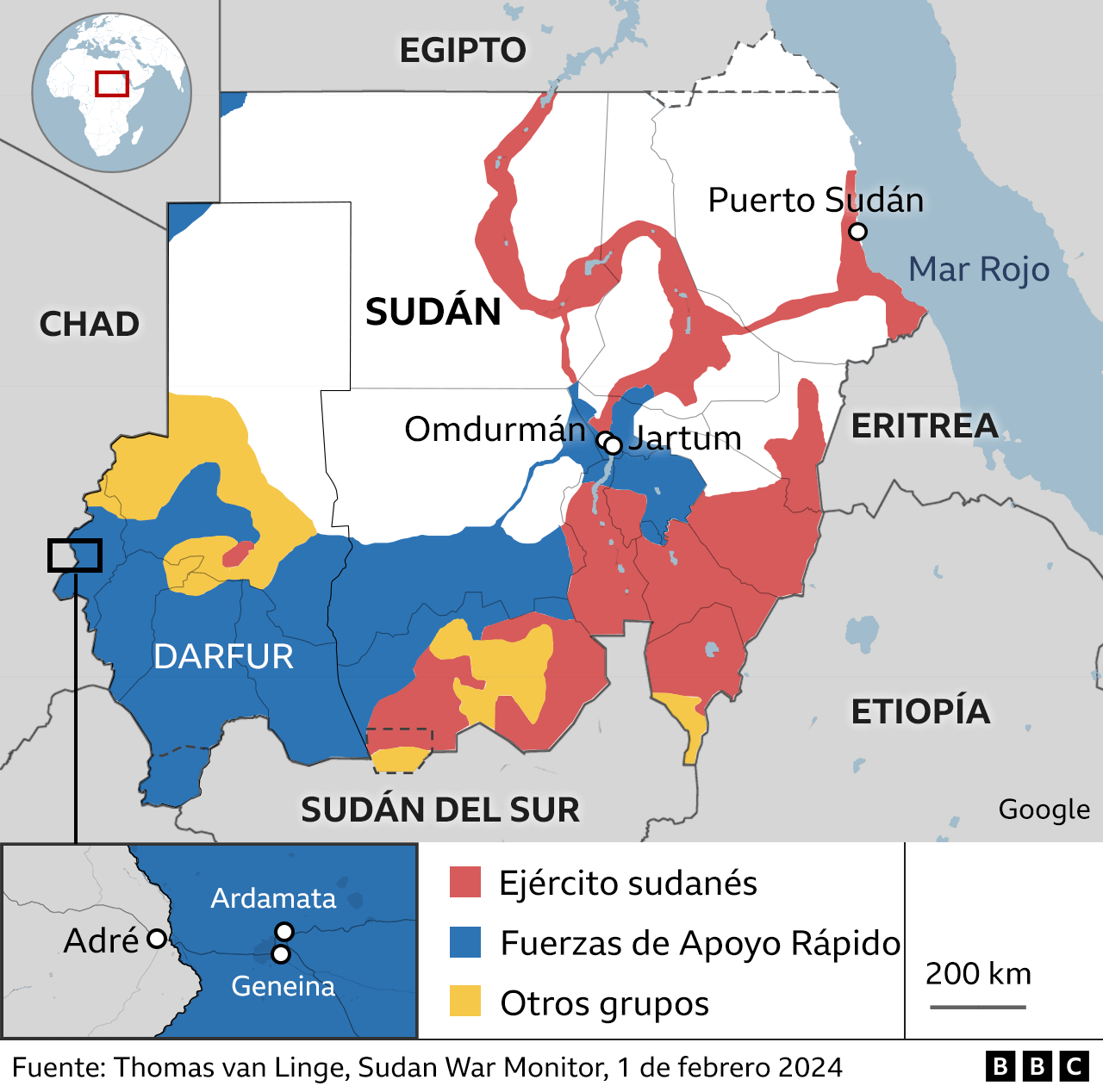 Mapa de Sudán con los territorios controlados por las diferentes fuerzas