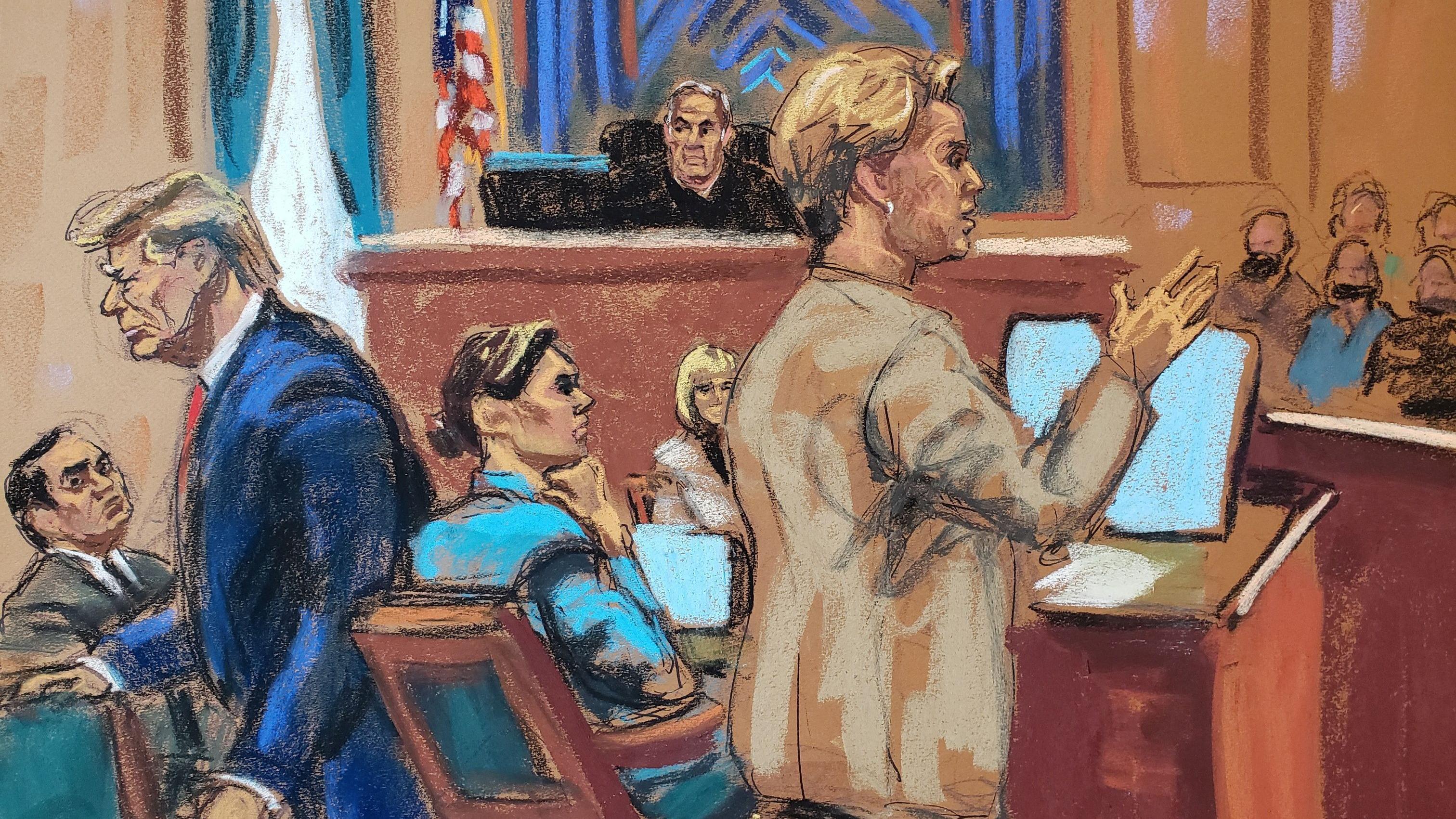 Un dibujo de Donald Trump dejando el tribunal