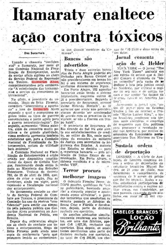 Recorte do Estadão, em 20 de agosto de 1970, com notícia cujo título é 