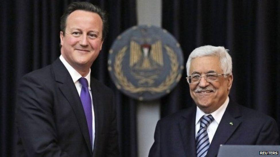 ديفيد كاميرون والرئيس الفلسطيني محمود عباس خلال محادثات في بيت لحم عام 2014