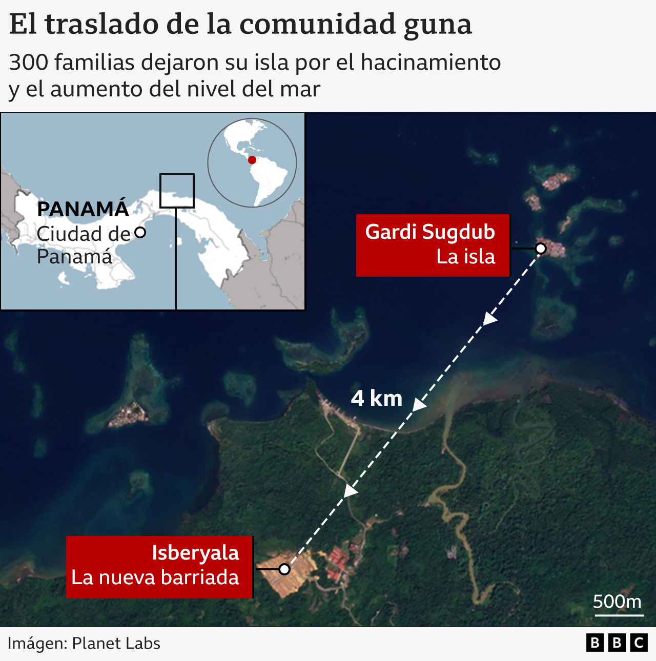 Mapa que muestra el traslado de la comunidad guna desde Gardi Sugdub hasta Isberyala