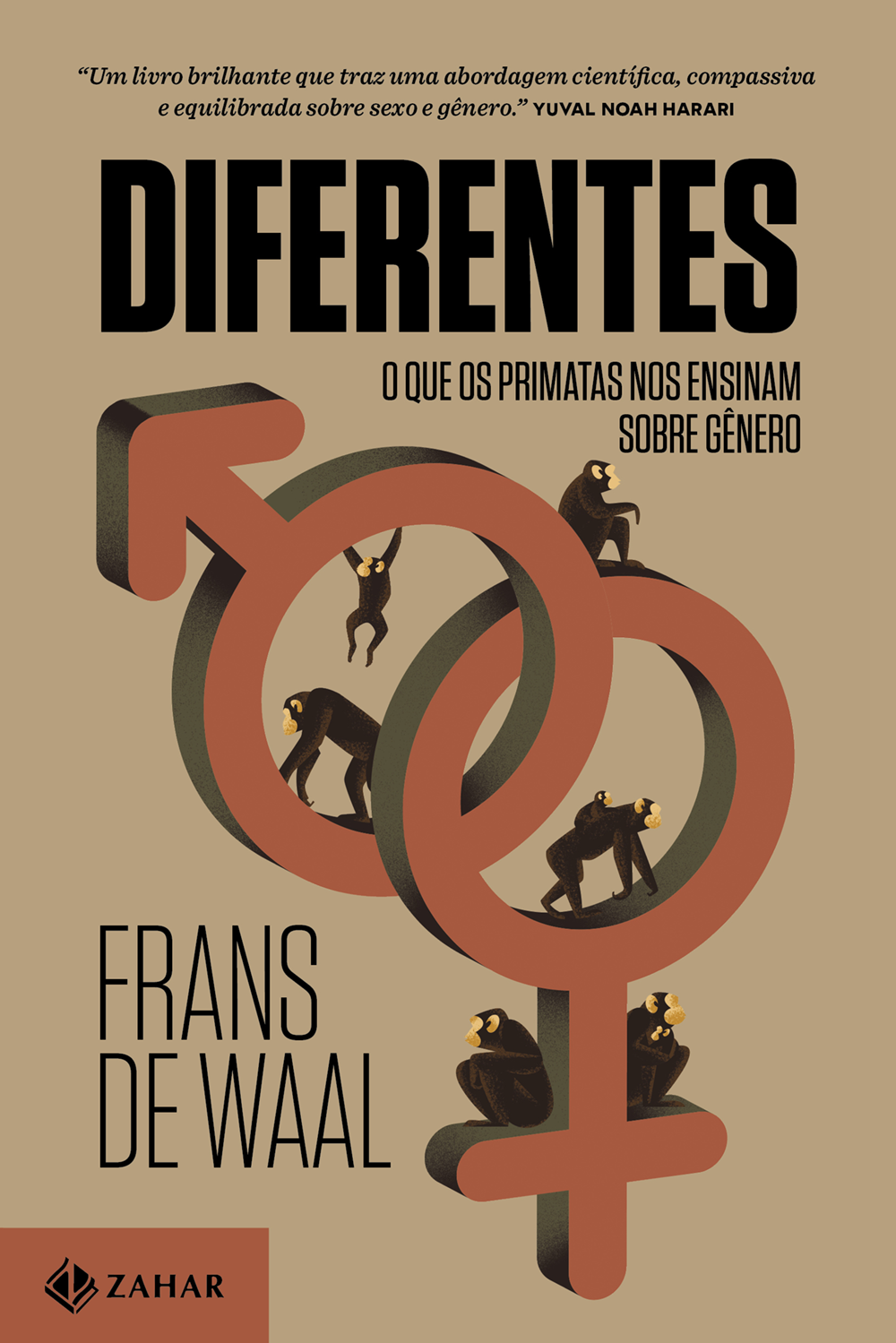 Capa do livro 'Diferentes' tem ilustração de diversos macacos caminhando ou sentados sobre os dois símbolos que representam o masculino e o feminino