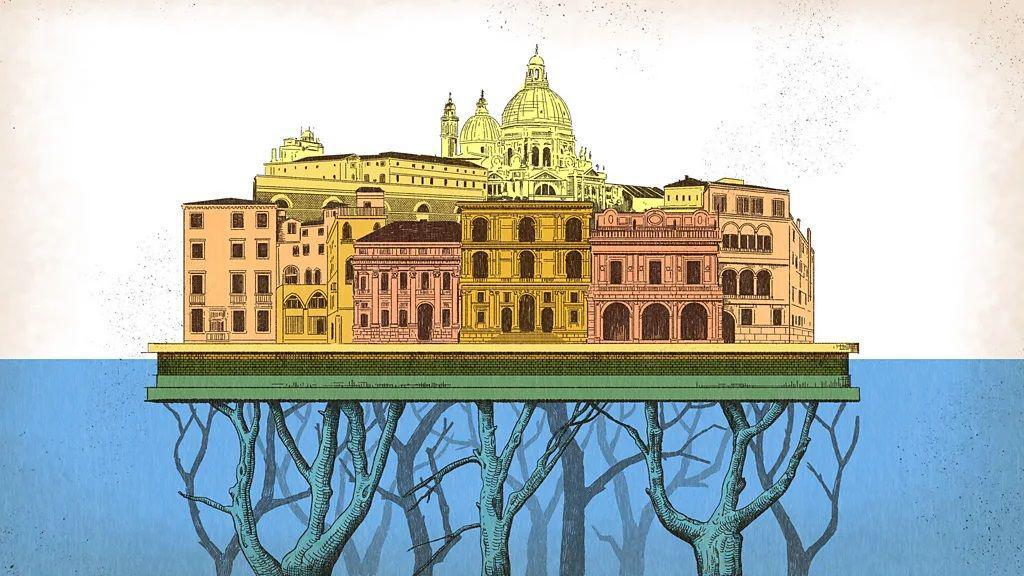 Ilustração de uma cidade sobre a água suportada por imensos galhos.