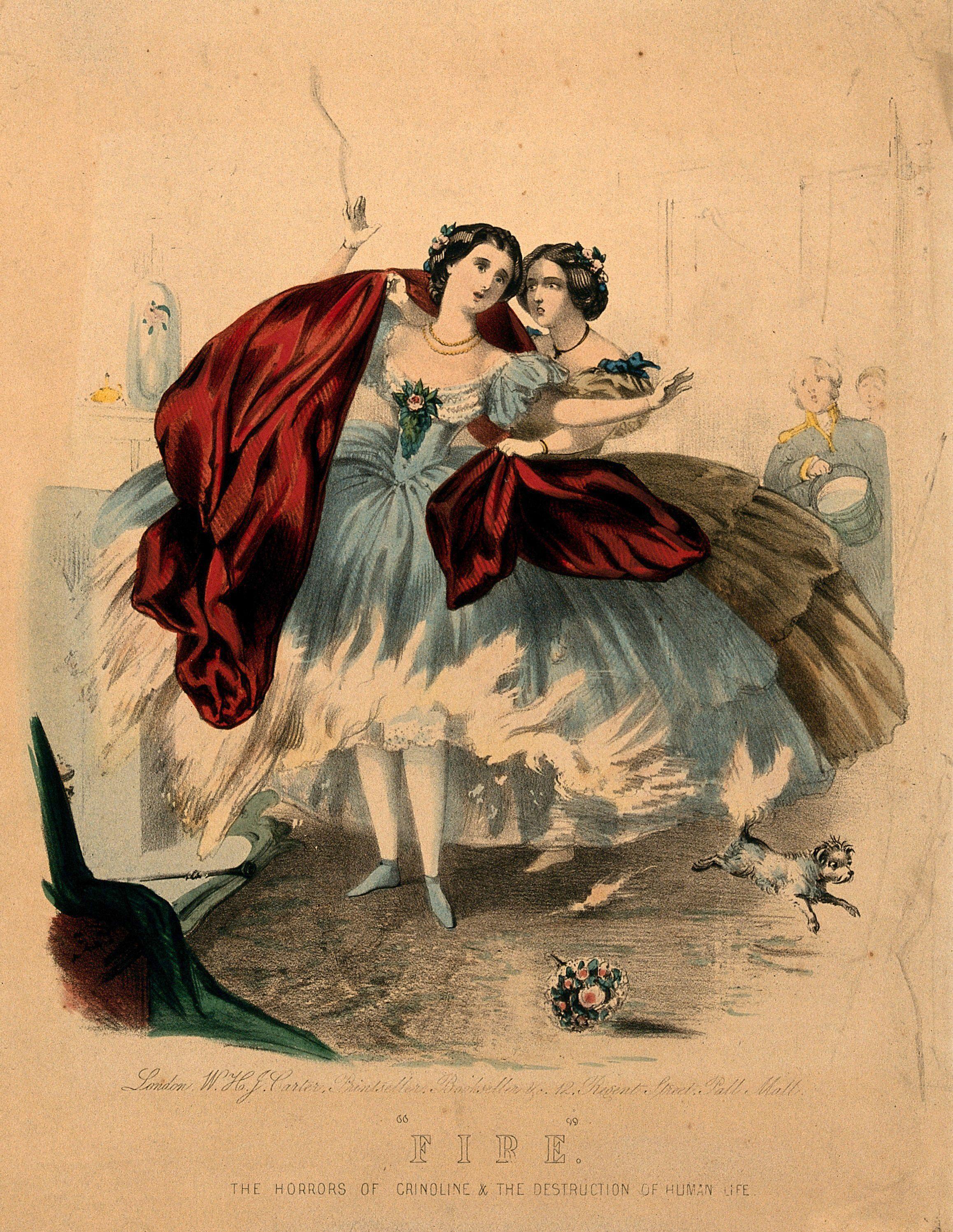 Mujeres con crinolinas que son incendiadas por las llamas de una chimenea doméstica. Litografía coloreada, ca. 1860. 