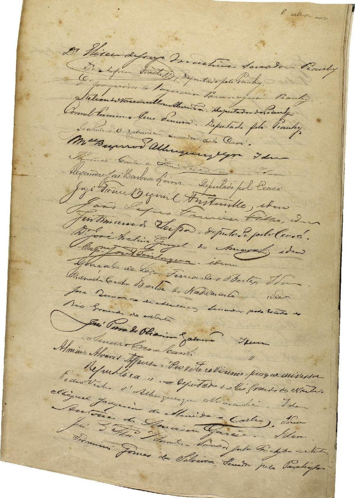 Texto original da Constituição de 1891, com as assinaturas dos constituintes. Amaro Cavalcanti está na 20ª linha