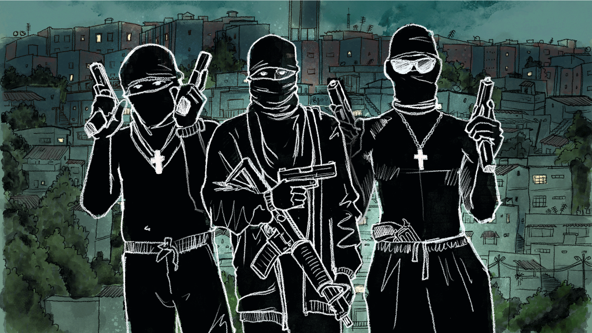 An illustration depicting gangsters holding guns with crucifixes around their necks.