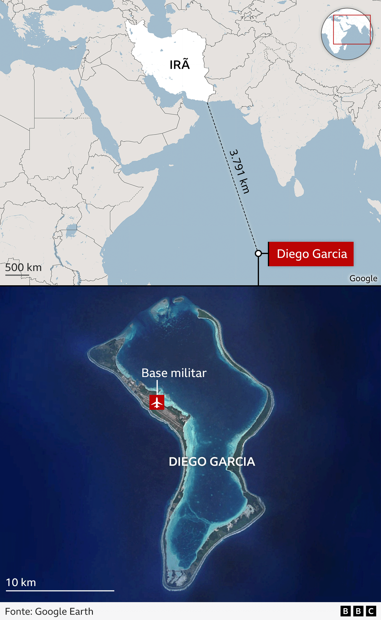 Mapa mostrando localização de Diego Garcia em relação ao Irã