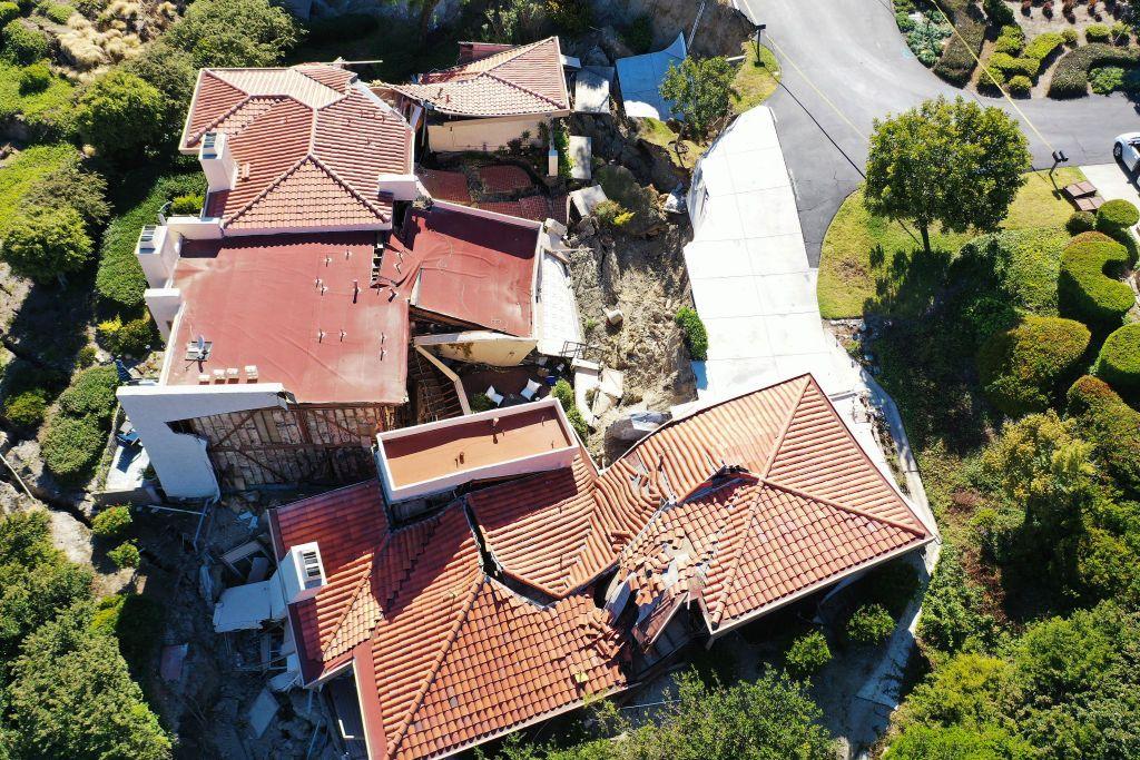 A home in the Rolling Hills development of Rancho Palos Verdes, Los Angeles, California, damaged by a landslide in July 2023.