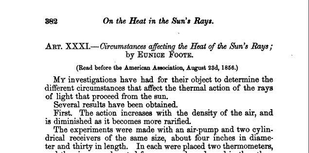 Início do artigo 'Circumstances affecting the Heat of the Sun's Rays', com nome de Eunice Foote