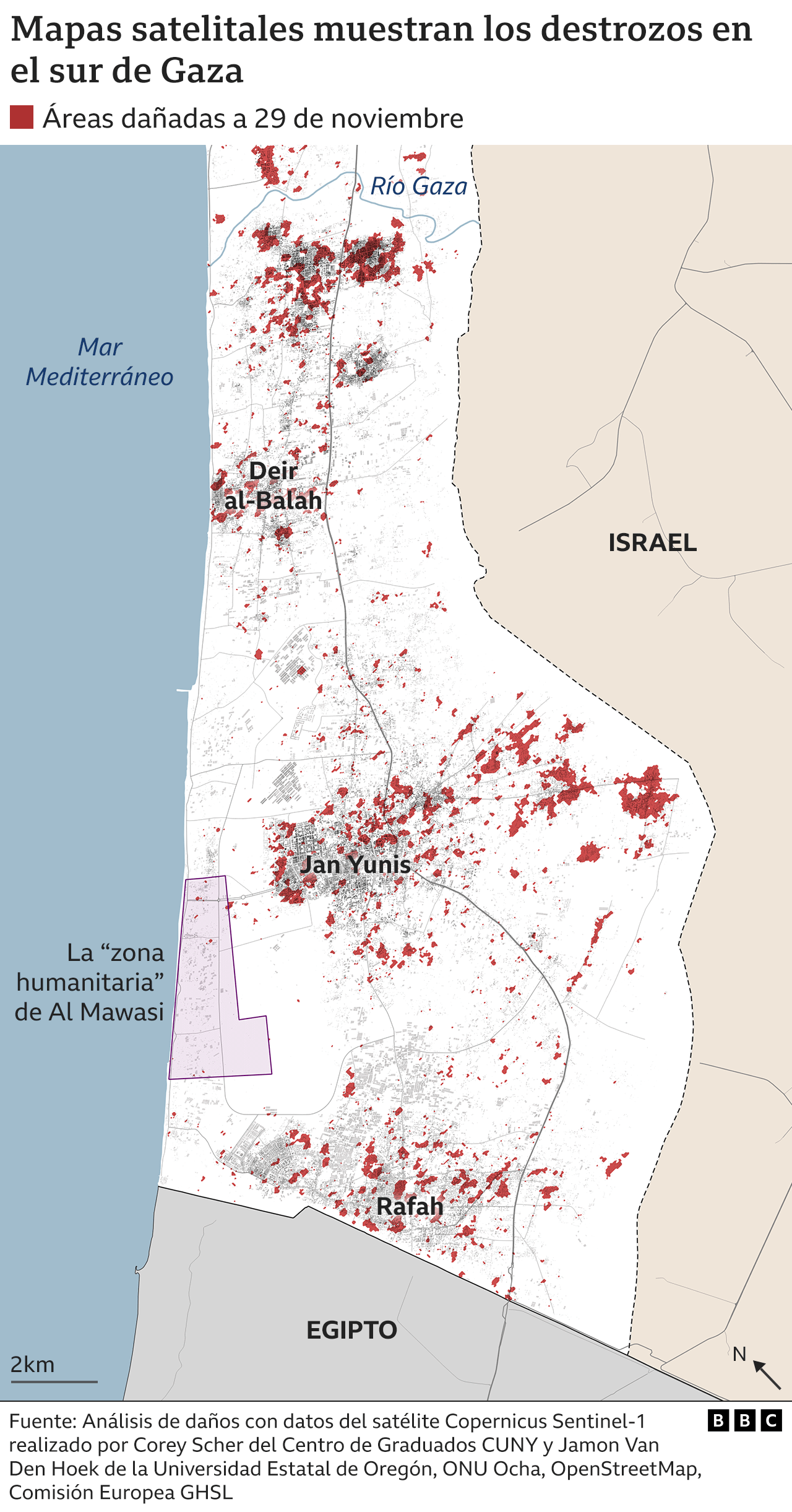 Un mapa muestra los daños en el sur de Gaza hasta el 29 de noviembre mediante análisis por satélite