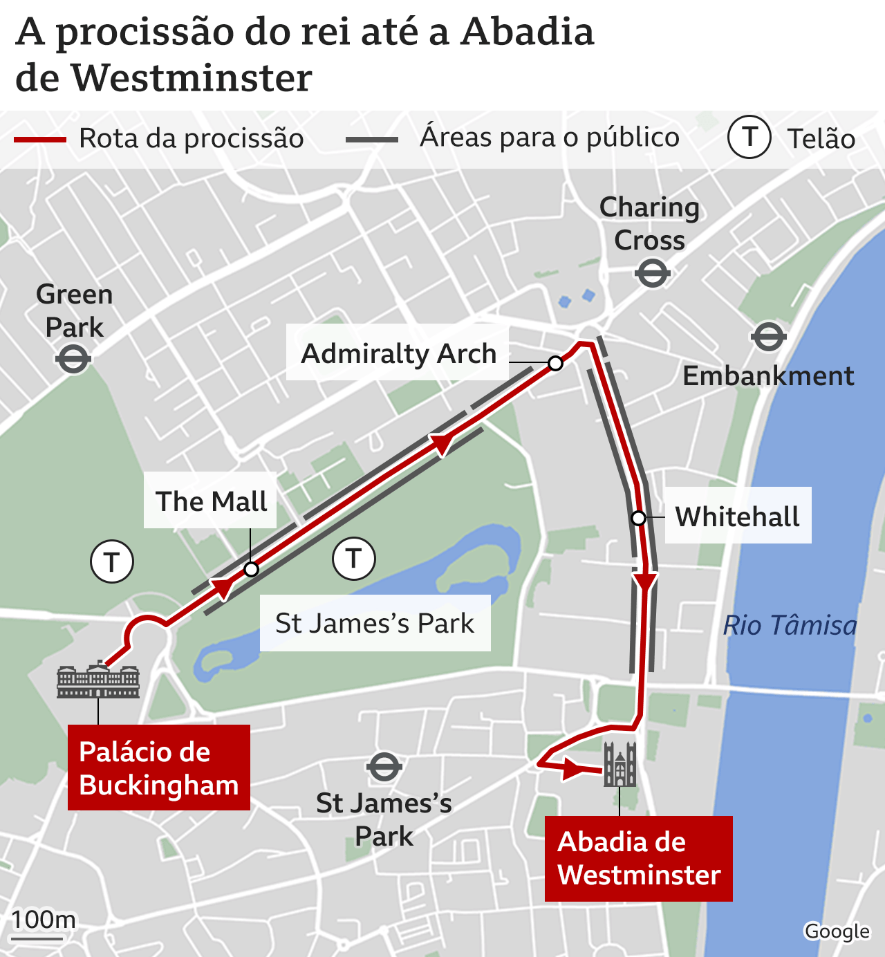 Mapa com trajeto da procissão do Palácio de Buckingham à Abadia de Westminster