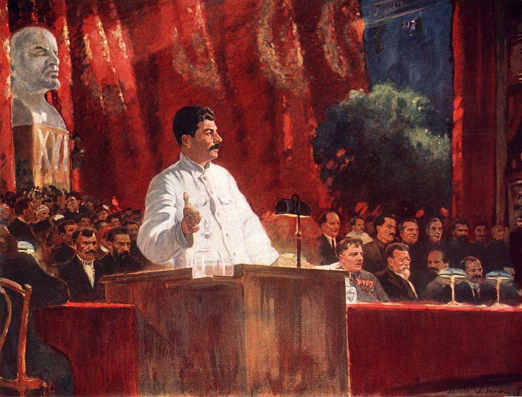 Retrato de Stalin hablando en el sexto congreso del Partido Comunista Soviético
