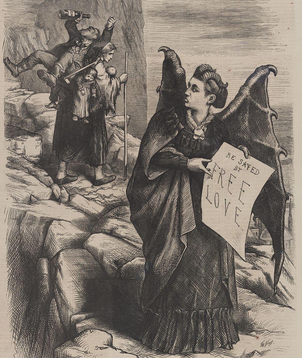 En un escenario rocoso, Woodhull aparece alada y con el cartel, y la mujer pobre con toda su carga alejándose detrás
