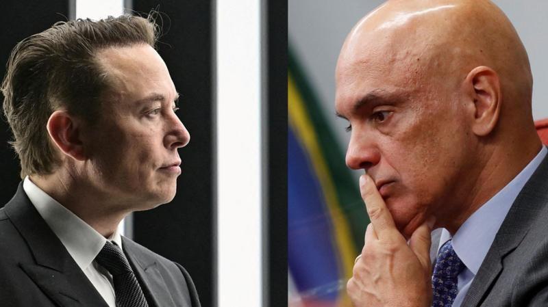 Colagem com fotos de Musk e Moraes sérios