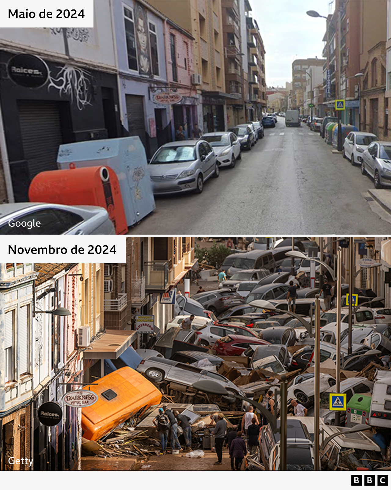 Imagens comparativas mostrando uma rua em Valência em maio de 2024, e a mesma rua em novembro de 2024 coberta por carros amontoados destruídos