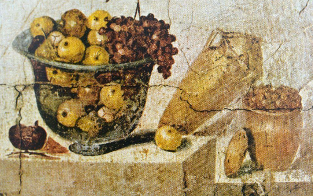 Frutas y nueces pintadas en un fresco de Pompeya