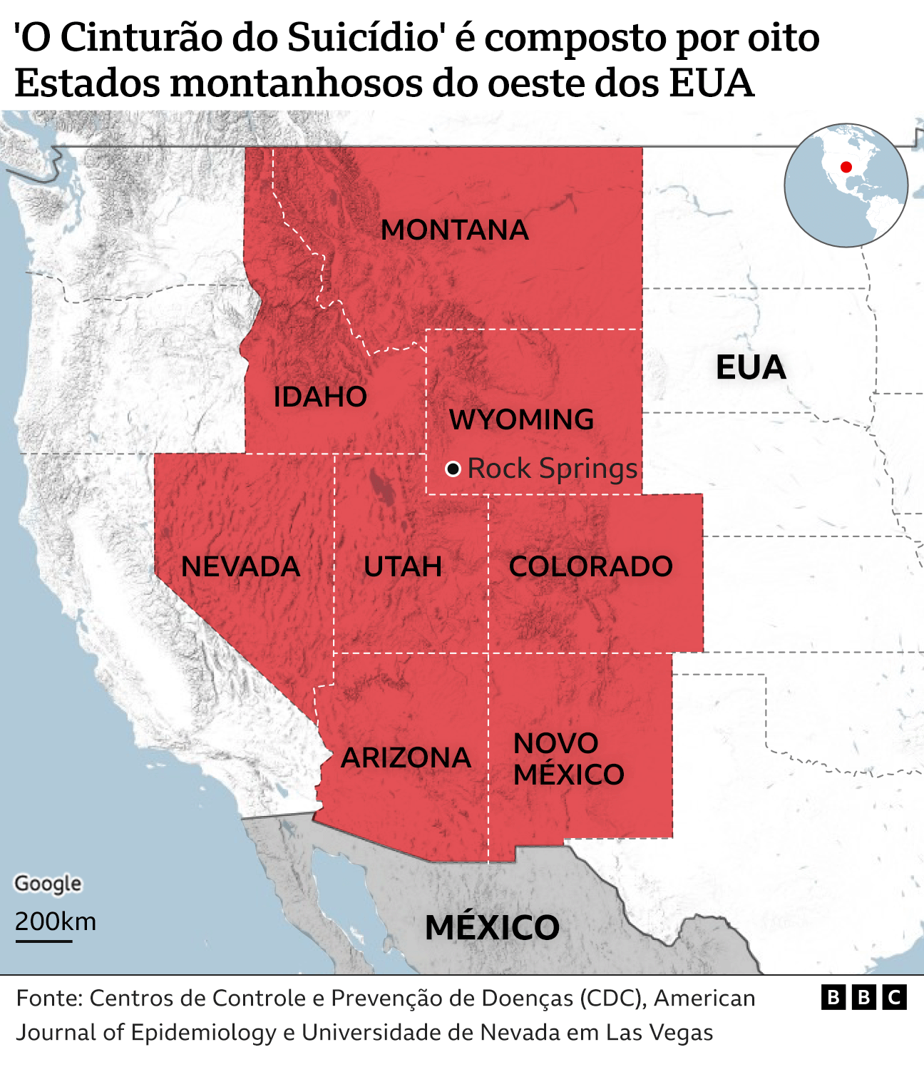 Mapa mostrando os Estados que forma o 'cinturão do suicídio'