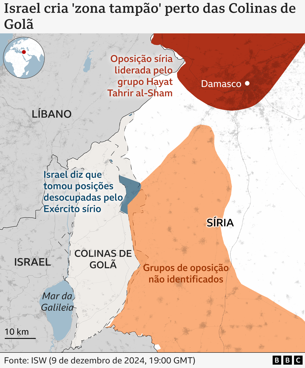 Mapa mostrando onde estão as forças rebeldes na Síria e na região das Colinas de Golã que Israel ocupou recentemente