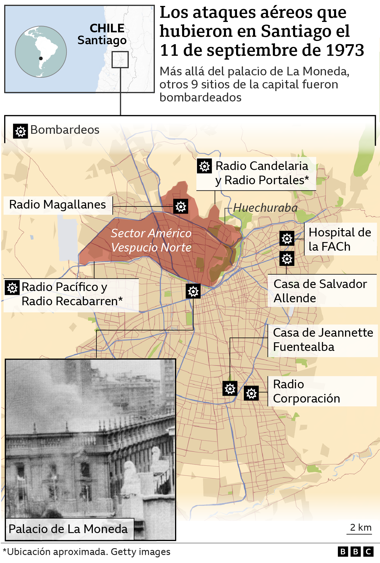 Mapa de los puntos de Santiago que fueron bombardeados el 11 de septiembre de 1973