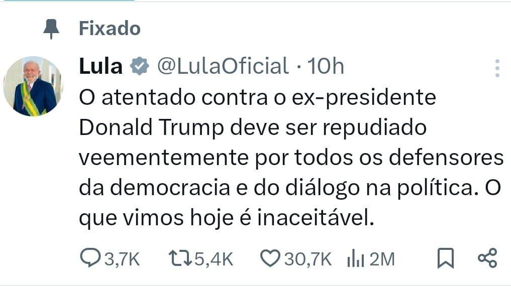 Tuíte de Lula sobre atentado contra Trump