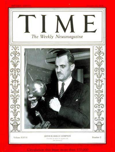 Compton en la tapa de la reviste Time en 1936, sosteniendo un detector de rayos cósmicos