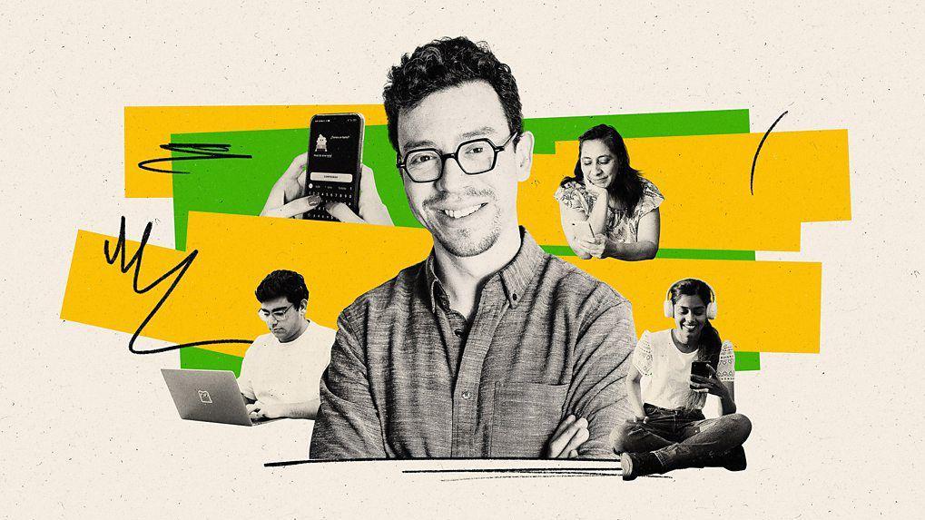 Luis von Ahn, uno de los fundadores de Duolingo, en un collage con otras personas detrás