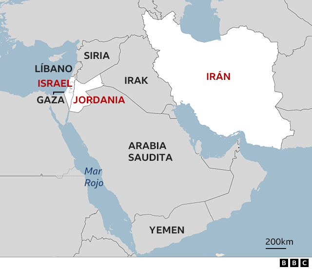 Mapa de Medio Oriente, con Jordania, Israel e irán destacados. 
