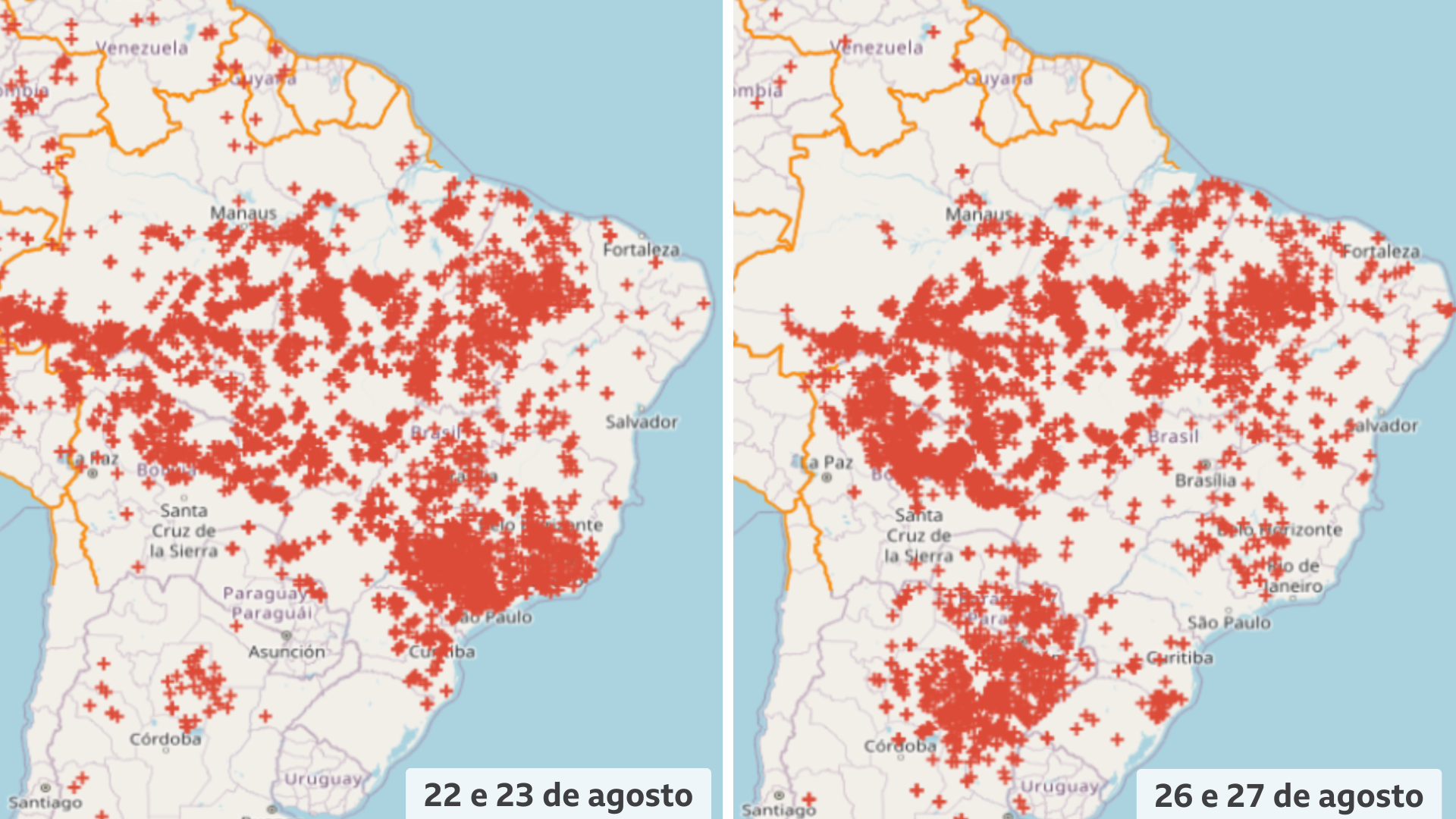 Imagens disponibilizadas pelo Inpe mostram os focos de incêndio no país: focos em São Paulo foram muito acima do normal entre os dias 22 e 23 de agosto, mas foram apagados nos últimos dias com a ajuda da frente fria