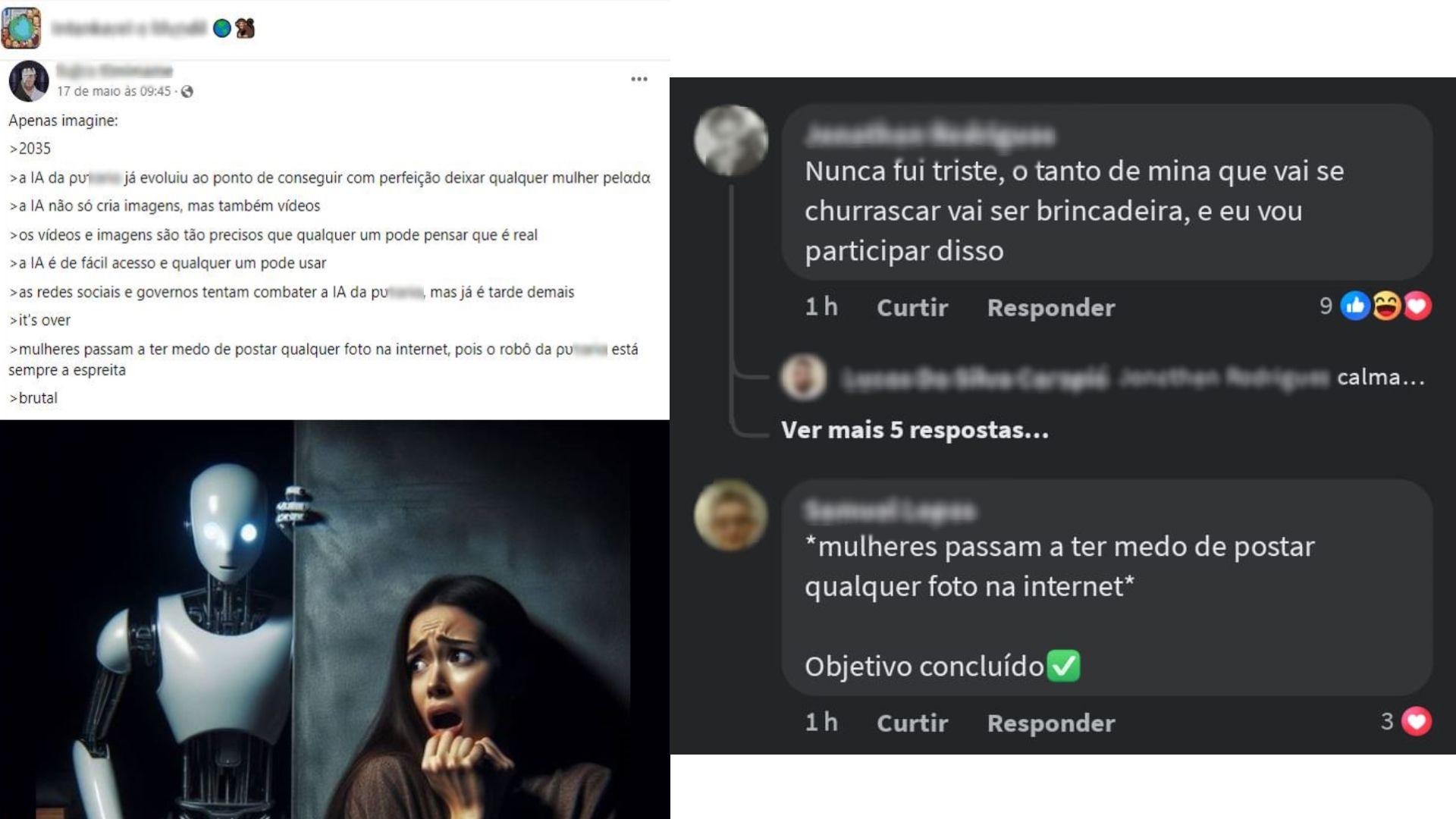 Prints de comunidade de memes no Facebook mostram que participantes ironizam medo provocado em mulheres por ferramentas de deepfake