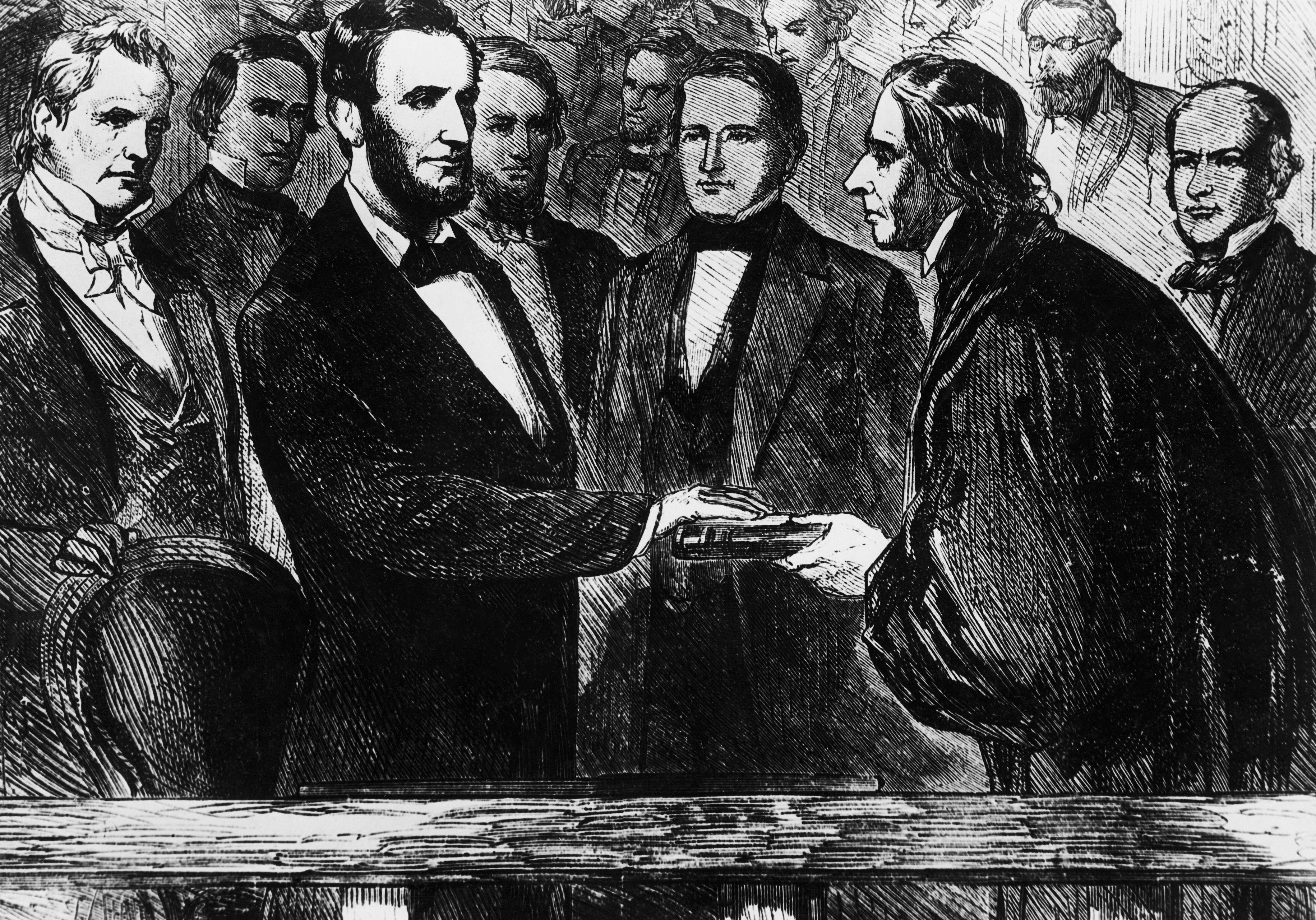 أبراهام لينكولن أثناء أدائه اليمين الدستورية كرئيس للولايات المتحدة في 1865