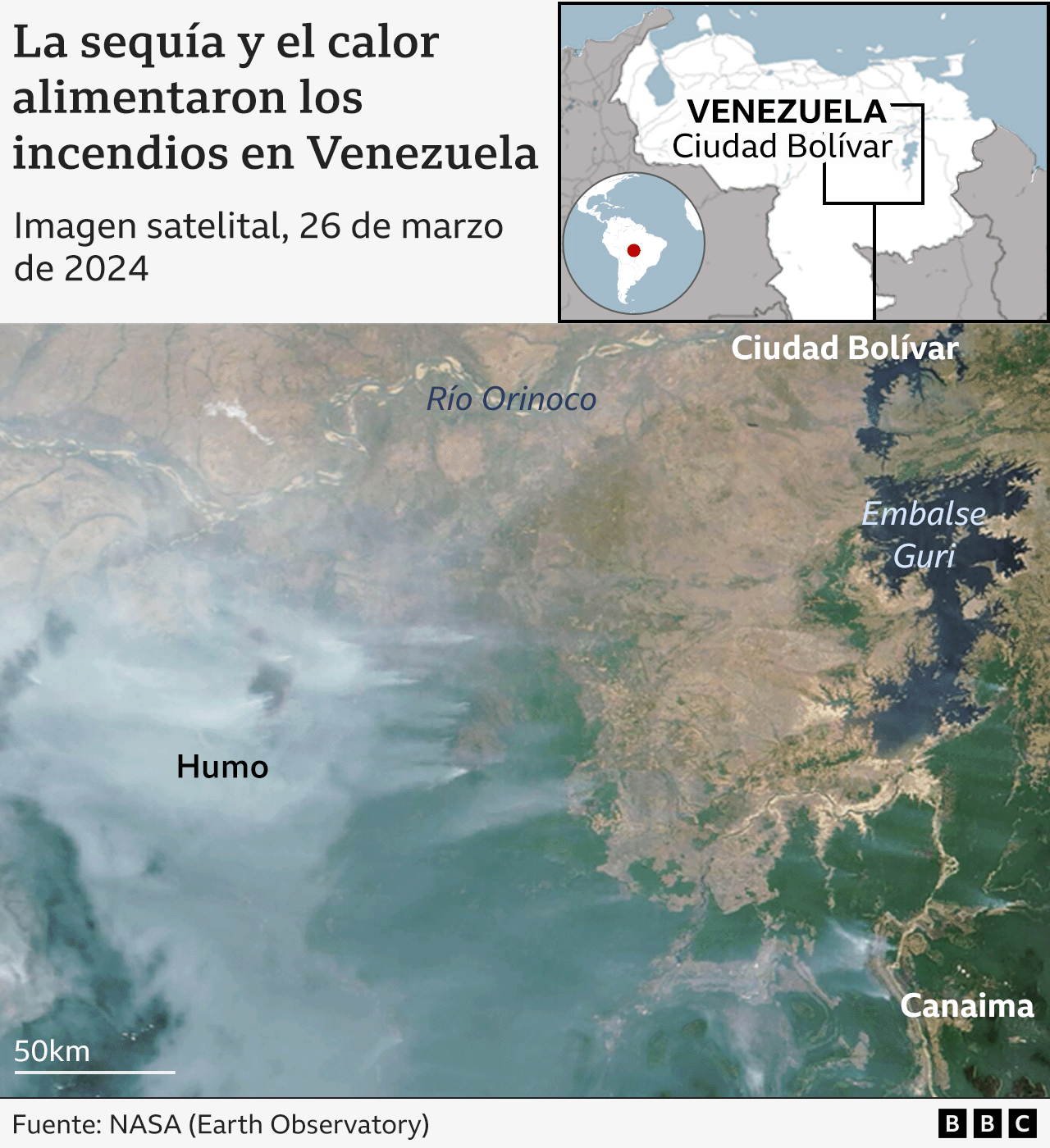 Imagen satelital muestra una enorme nube de humo de los incendios forestales en Venezuela durante marzo de 2024. 