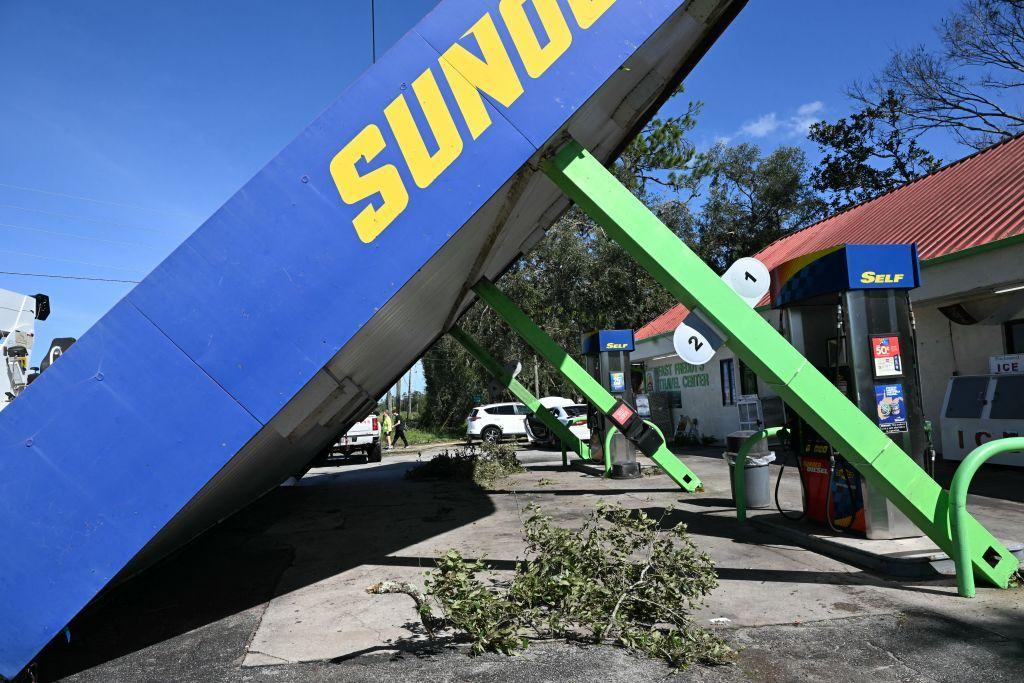 The roof of a Sunoco gas station destroyed by Hurricane Helene after making landfall in Perry, Florida, on September 27, 2024.