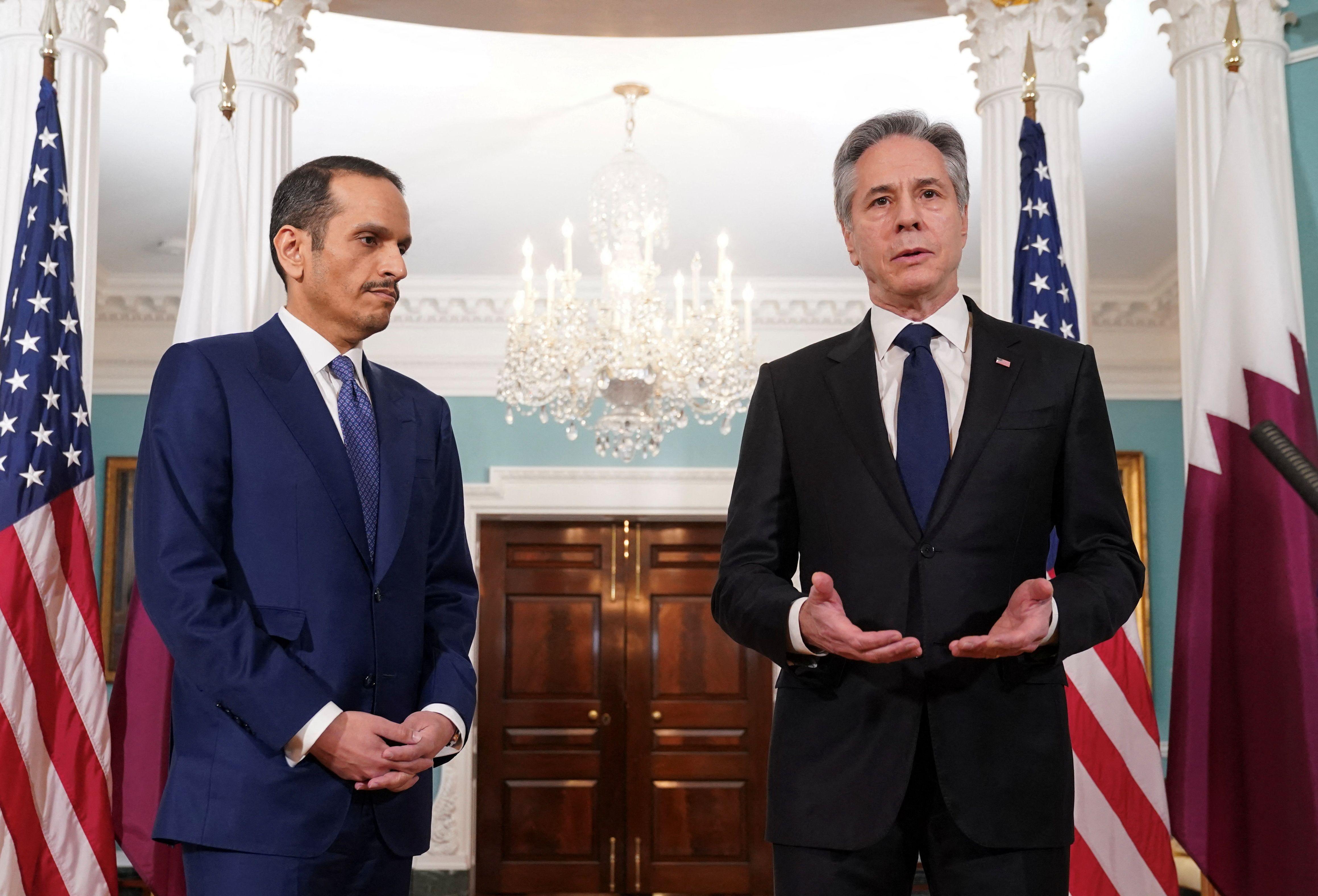 وزير الخارجية الأمريكي أنتوني بلينكن يتحدث خلال اجتماعه مع رئيس الوزراء ووزير الخارجية القطري الشيخ محمد بن عبد الرحمن آل ثاني في وزارة الخارجية في واشنطن، الولايات المتحدة، 5 مارس 2024