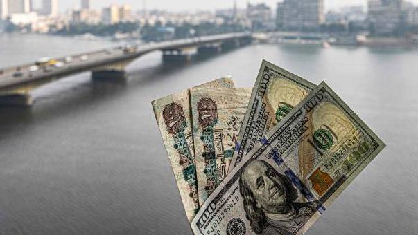 ورقتان نقديتان مصريتان من فئة مائة جنيه بجوار ورقتين من العملة الأمريكية من فئة مائة دولار أمام خلفية لنهر النيل.