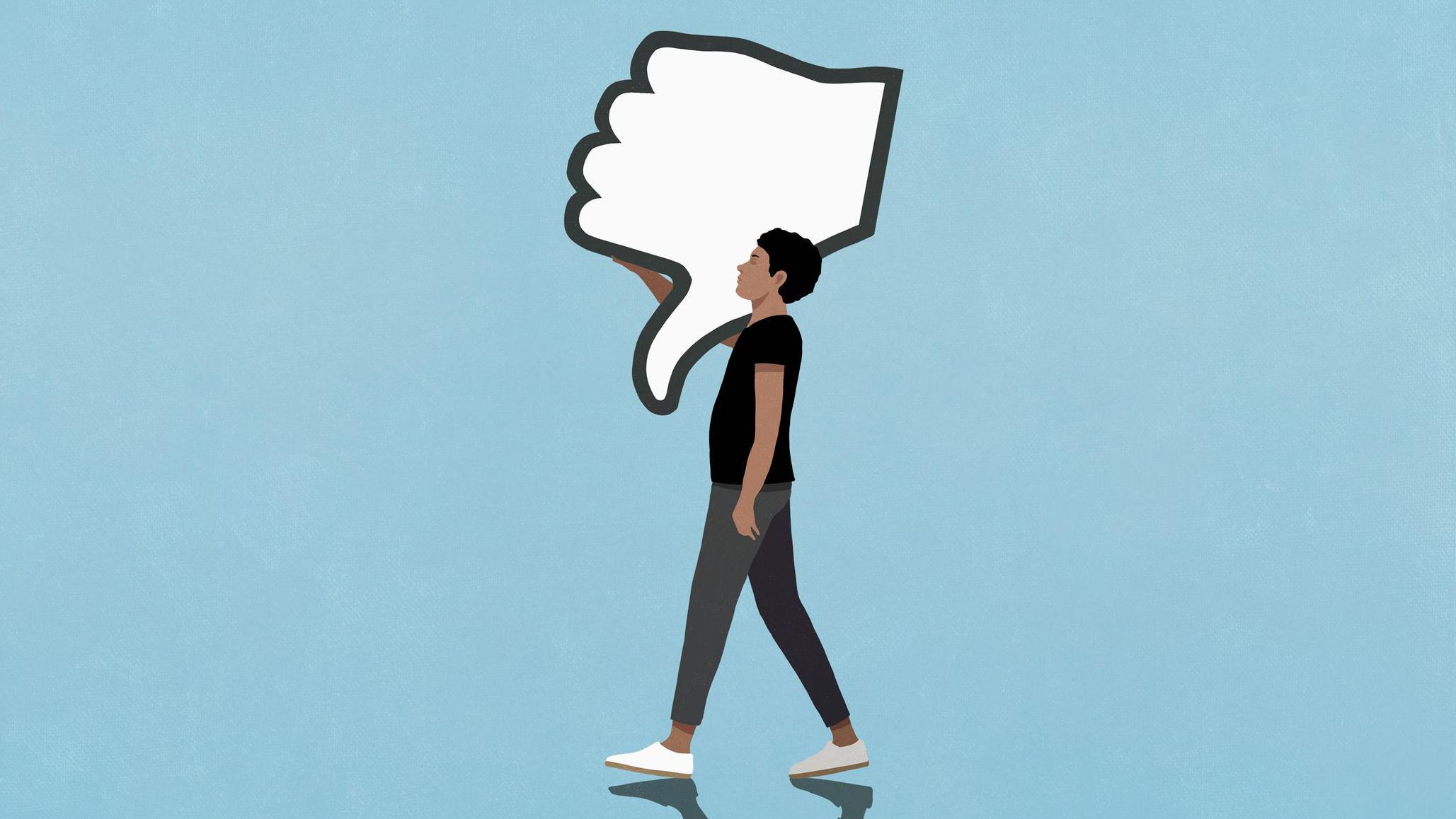 Cartoon man carries a large cutout of a thumbs-down emoji