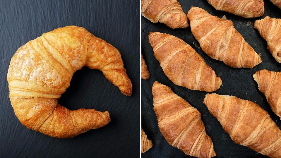 Croissant ordinaires (kiri) dan croissant au beurre (kanan)