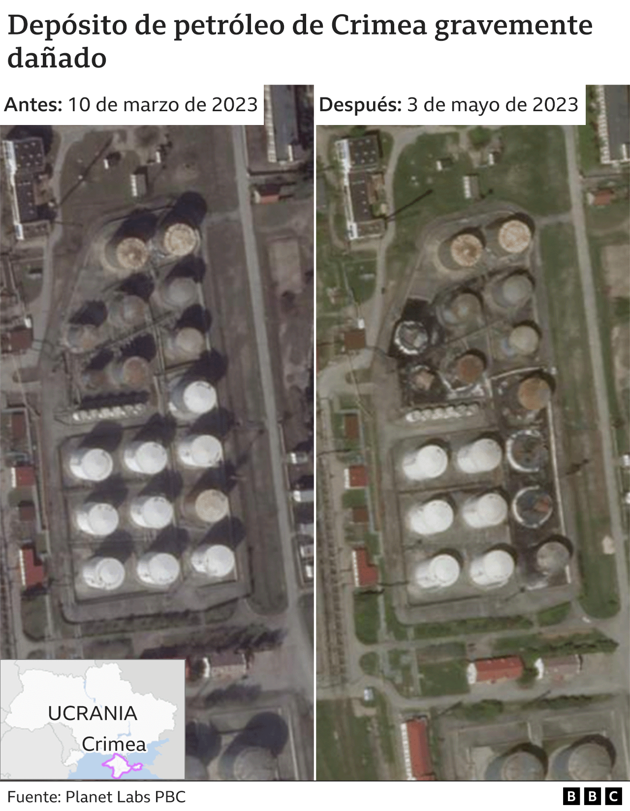 Imágenes superpuestas de los depósitos de combustible dañados en Crimea.