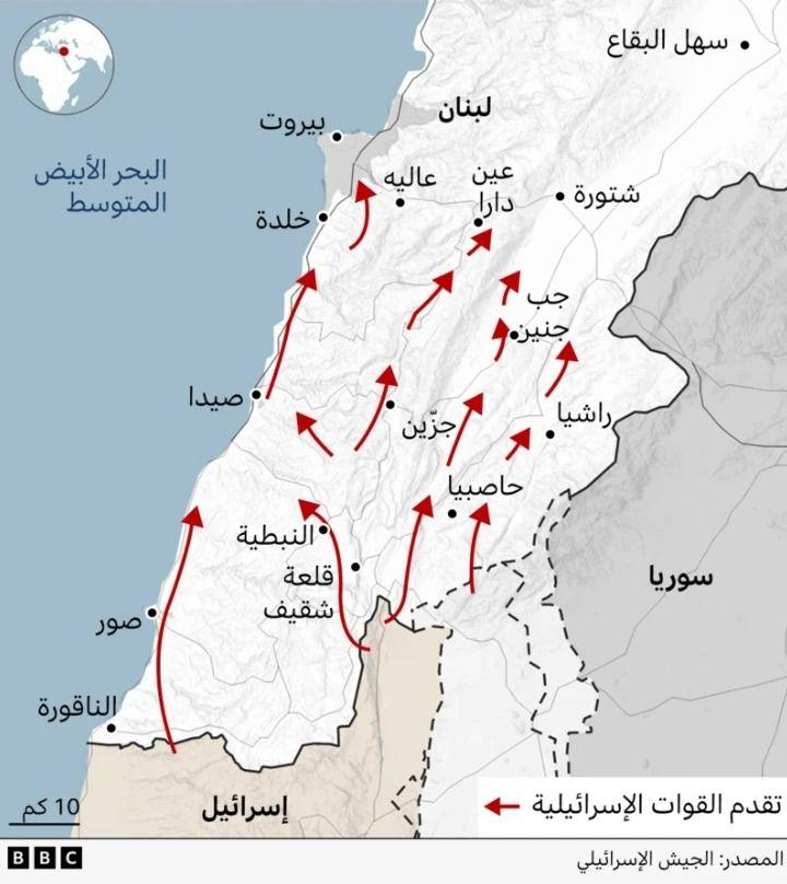 خريطة لتقدم القوات الإسرائيلية