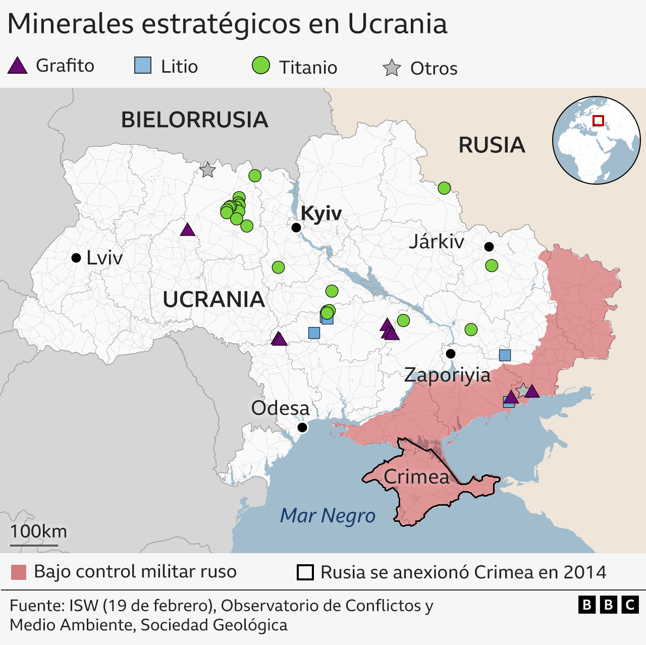 Mapa de los minerales estratégicos en Ucrania.