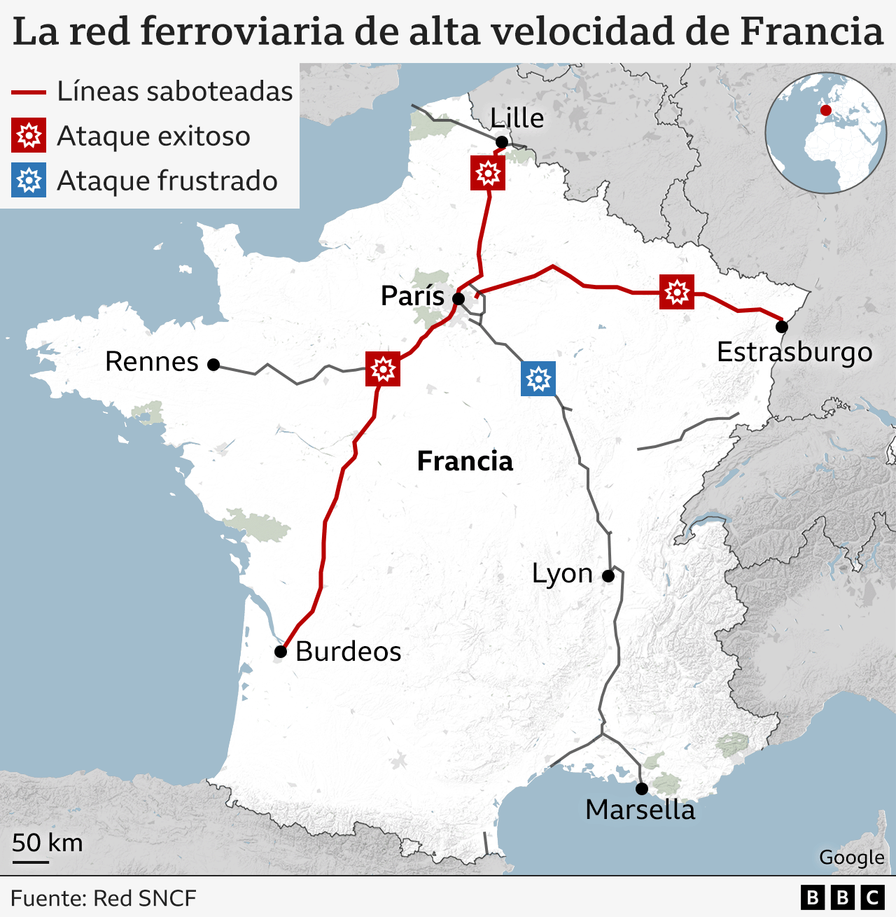 mapa de las líneas de trenes afectados en Francia.